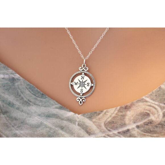 Sterling Silver Compass Pendant Necklace, Compass Charm Necklace - Picture 3 of 5